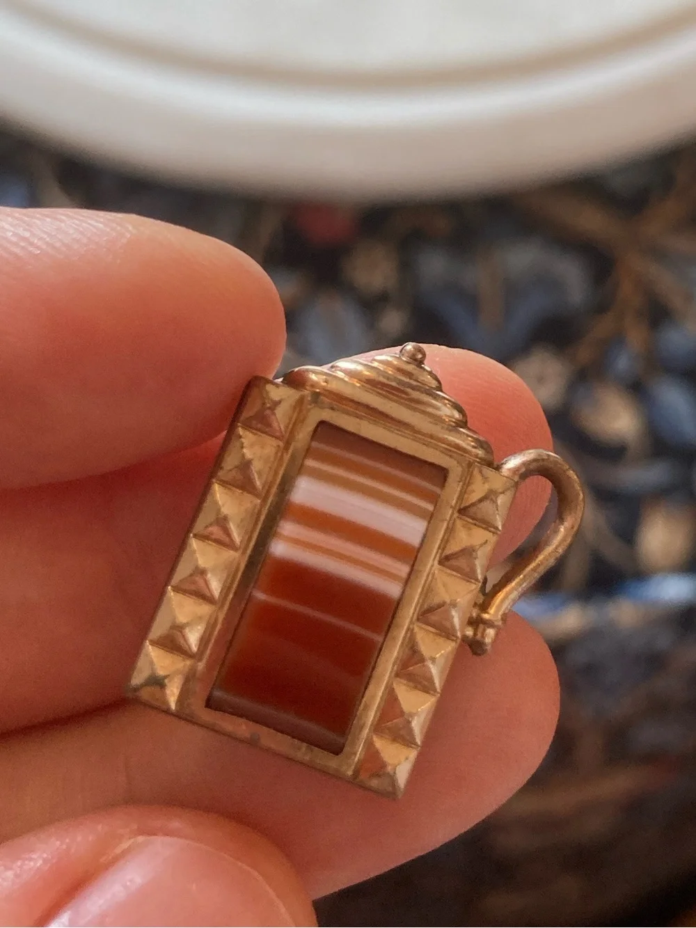 Antique Victorian Double-Sided Banded Agate Gold-Filled Dangling Charm